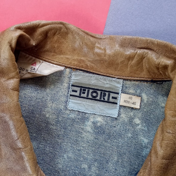 Vintage 80s Fiori Acid Wash Leather Trim Jean Denim Jacket