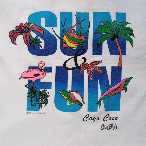 Vintage 90s SUN FUN Cayo Coco Cuba Big Print Graphic T-Shirt