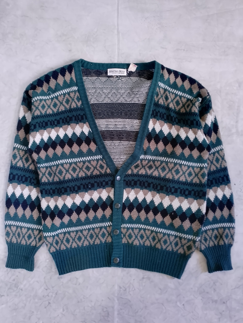 Vintage 90s Teal Patterned Men's Cardigan Sweater JONATHAN BRYAN