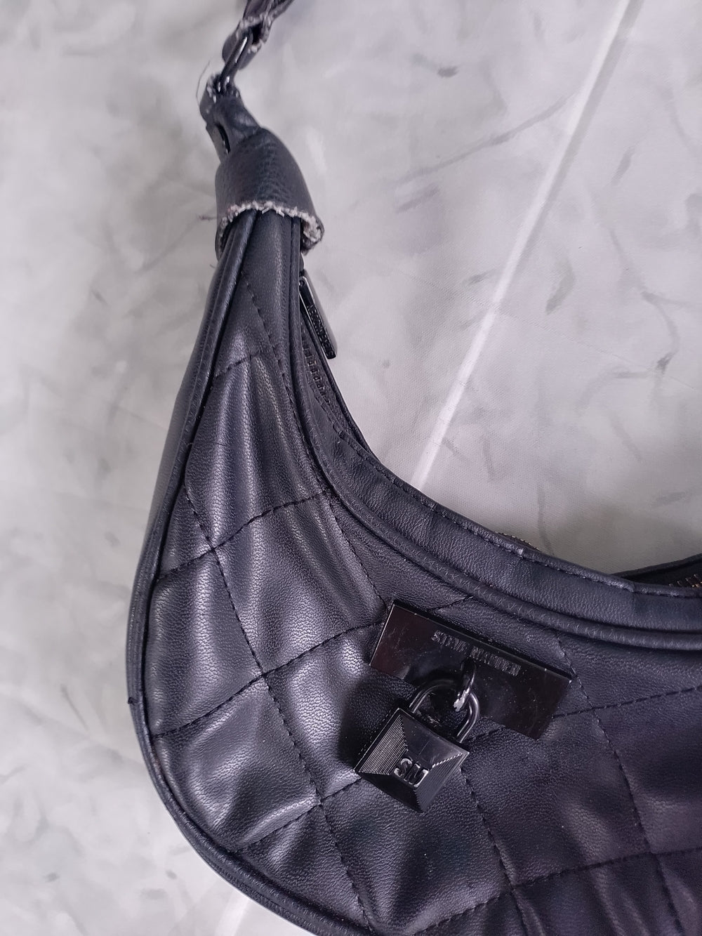 Steve Madden Faux Leather Quilted Black Crossbody Bag with Strap and Lock Accent