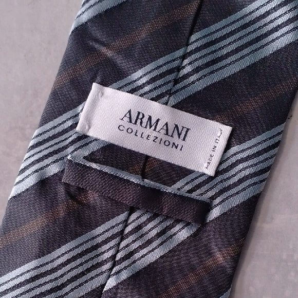 Armani Collezioni Men's Tie - Black and Silver Stripes MADE IN ITALY
