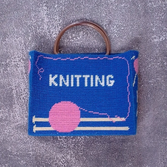Vintage Handmade Blue and Pink Knitting Bag Tapestry Bag