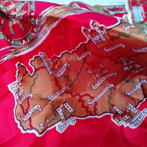Vintage Italy Landmarks Silk Scarf Red Italian Cities Souvenir Scarf Palermo