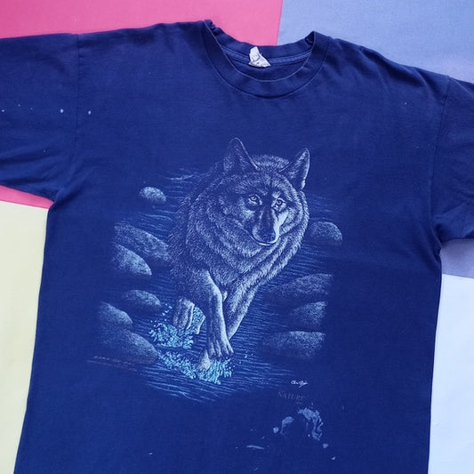 Vintage 90s Wolf Walking Through River Single Stitch T-Shirt Distressed Unisex