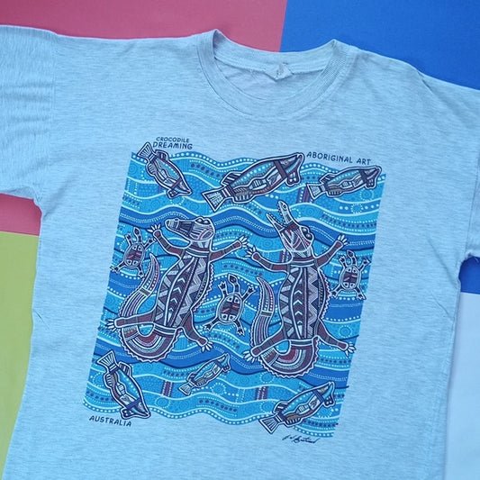 Vintage 90s Austrailia Aboriginal Art Crocodile Dreaming Graphic Single Stitch T