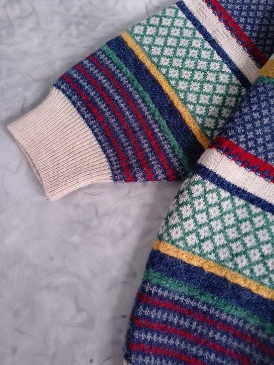 Vintage 90s Enzo Lorenzo WOOL Multicoloured Patterned Knit Sweater with Shawl Co