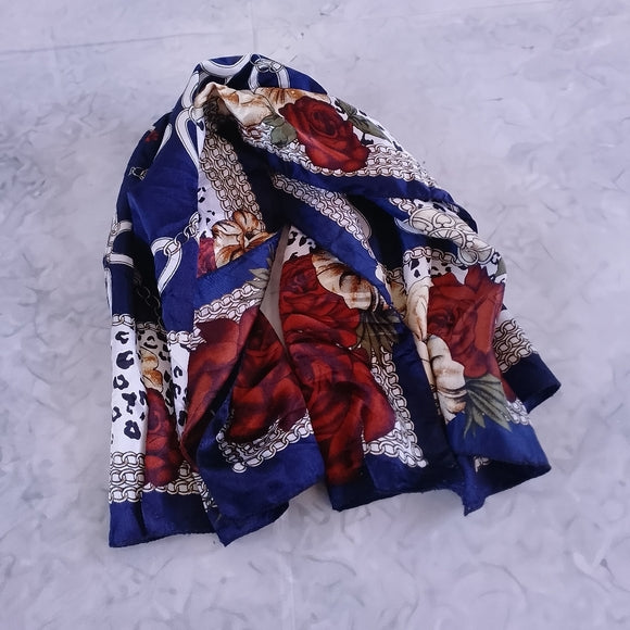 Vintage Shimmery Polyester Linen Scarf Burgundy Gold Blue Chain Print 35in