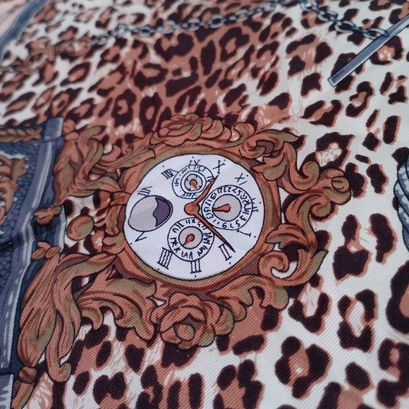 Vintage Large Satin Scarf Clocks, Watches & Leopard Print 34” Polyester