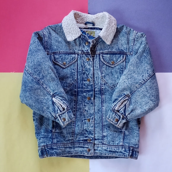 Vintage Stonewash Bomber Denim Sherpa Button-Up Jacket