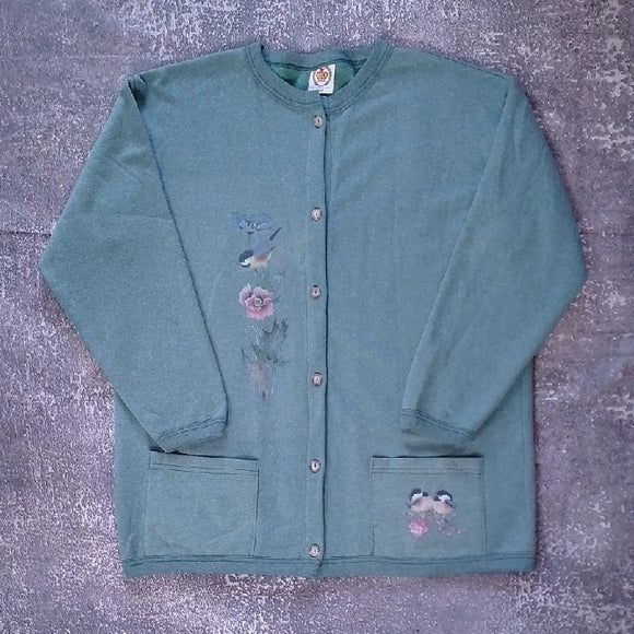 VINTAGE 90s Birds And FLORAL GRAPHIC Green Embroidered Cardigan