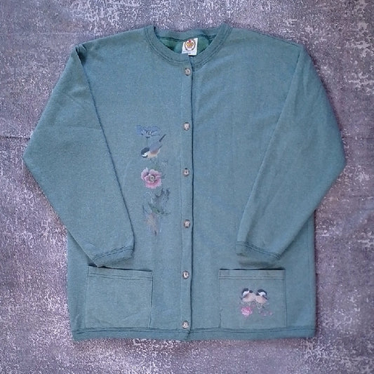 VINTAGE 90s Birds And FLORAL GRAPHIC Green Embroidered Cardigan