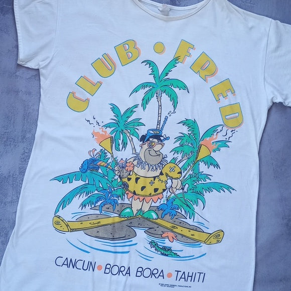 VINTAGE 1986 Flintstones Club Fred Big Print Cancun T-Shirt