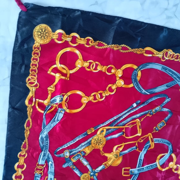 Equestrian Harness Square Scarf Red Black Gold, Horse Print Neckerchief Bandana