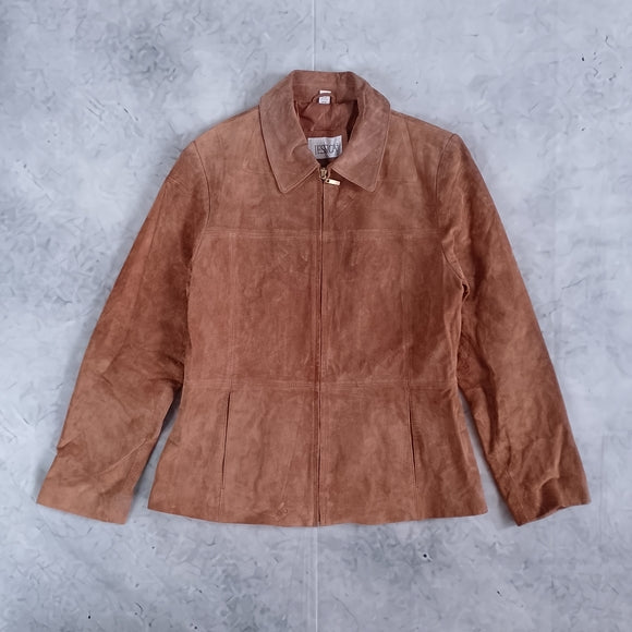 Vintage Leather Suede Zip-Front Jacket - Brown Jessica