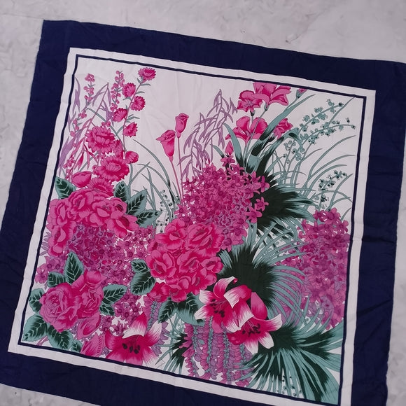 Vintage 70s Abstract Floral Border Stripe Scarf Pink Navy 27” Satin Polyester