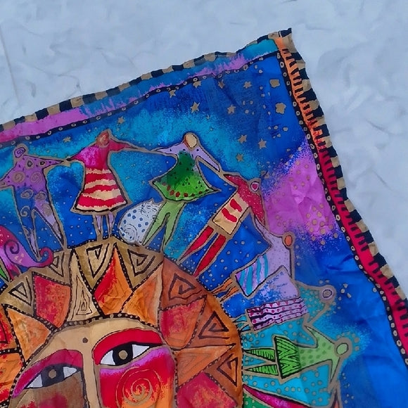 Vintage Laurel Burch “Harmony Under the Sun” Silk Scarf Sun, People & Animals
