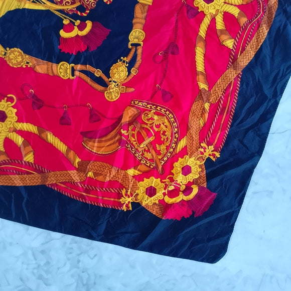 Vintage Luxury Equestrian Silk Scarf Saddle Tassels Horse Riding Print Red Black