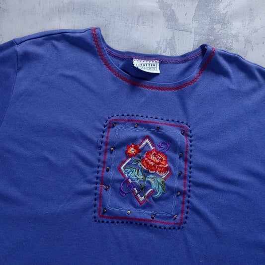 Vintage 90s Floral Embroidered Blue T-Shirt